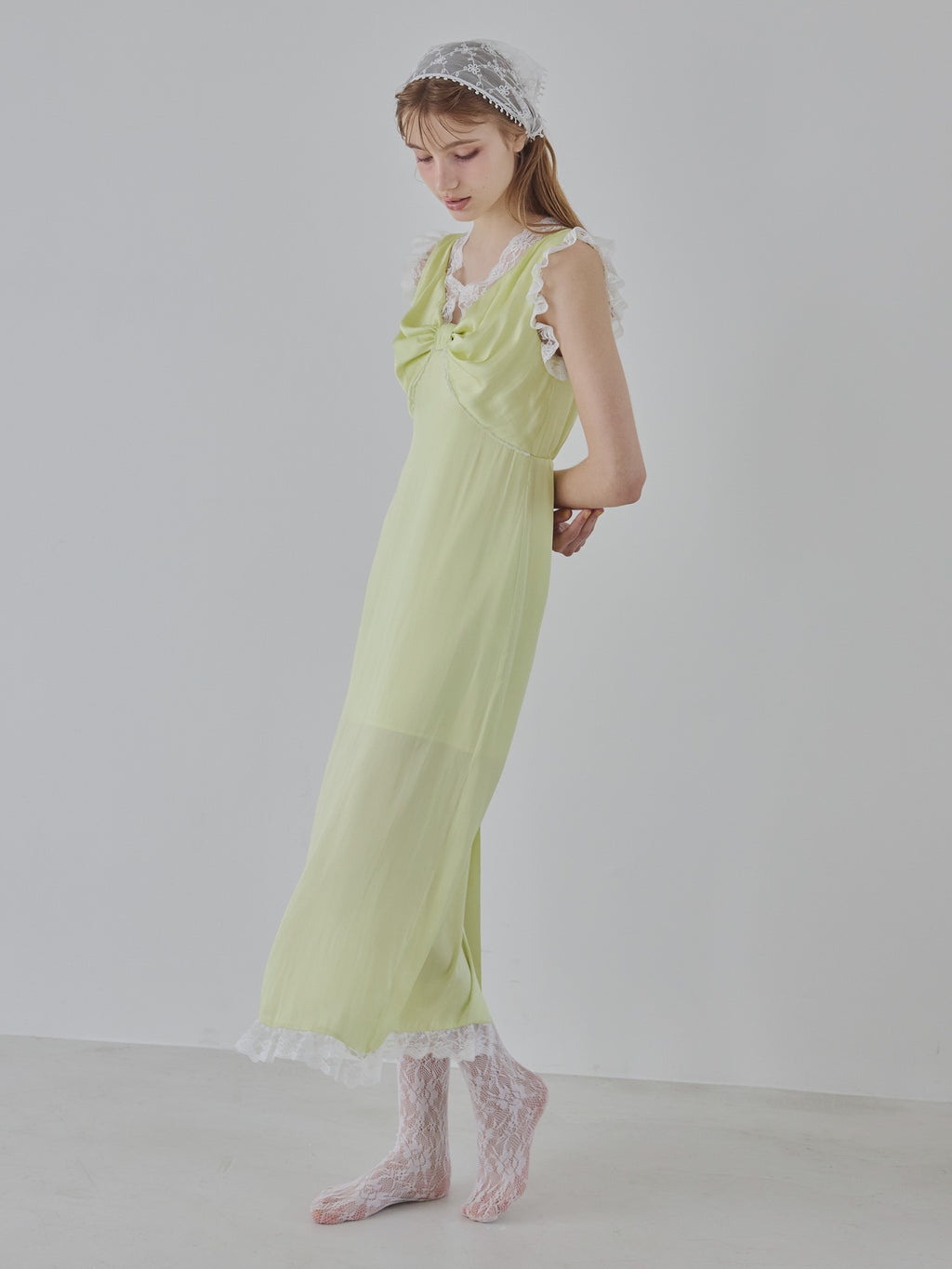 Lace trim satin ribbon dress ライム size:M model:175cm MARTA