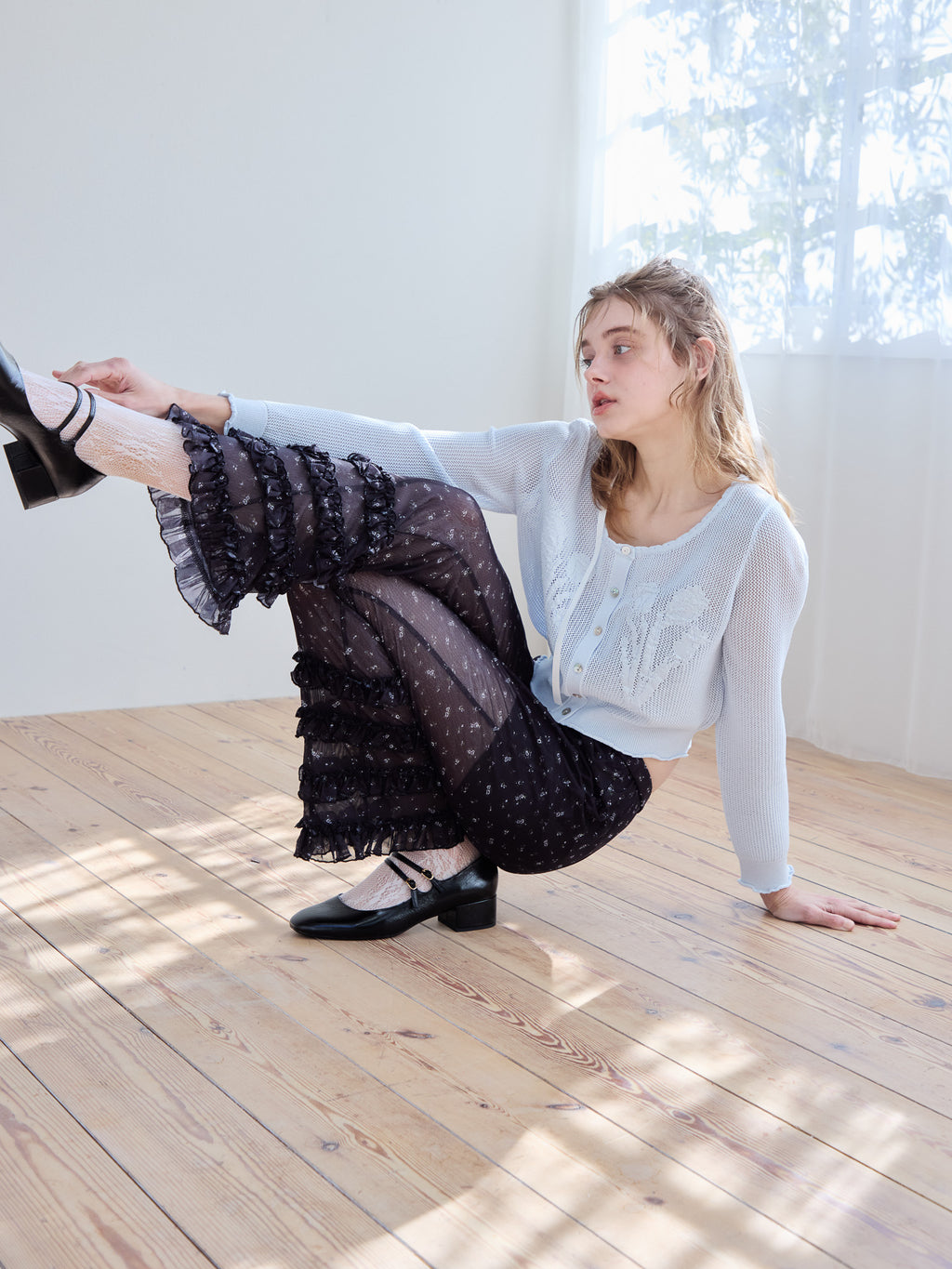 Frill tulle print pants ブラック size:M model:174cm KATERYNA