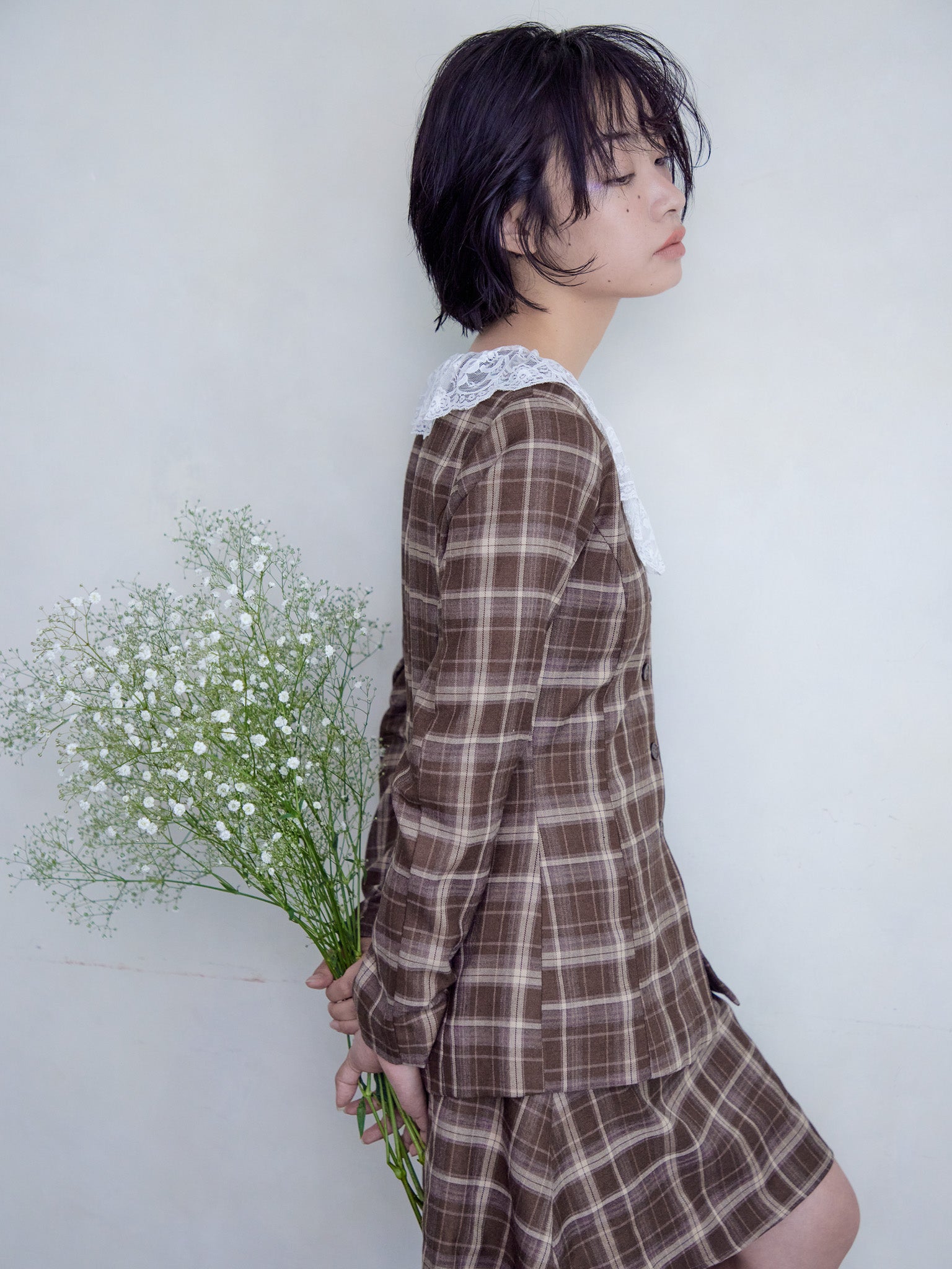 Lace trimmed tailored blouse ブラウン size:M model:161cm 富樫かなえ
