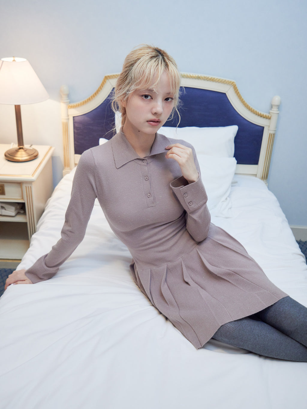 Low waist pleated glitter knit dress モカ size:M model:163cm MINAMI