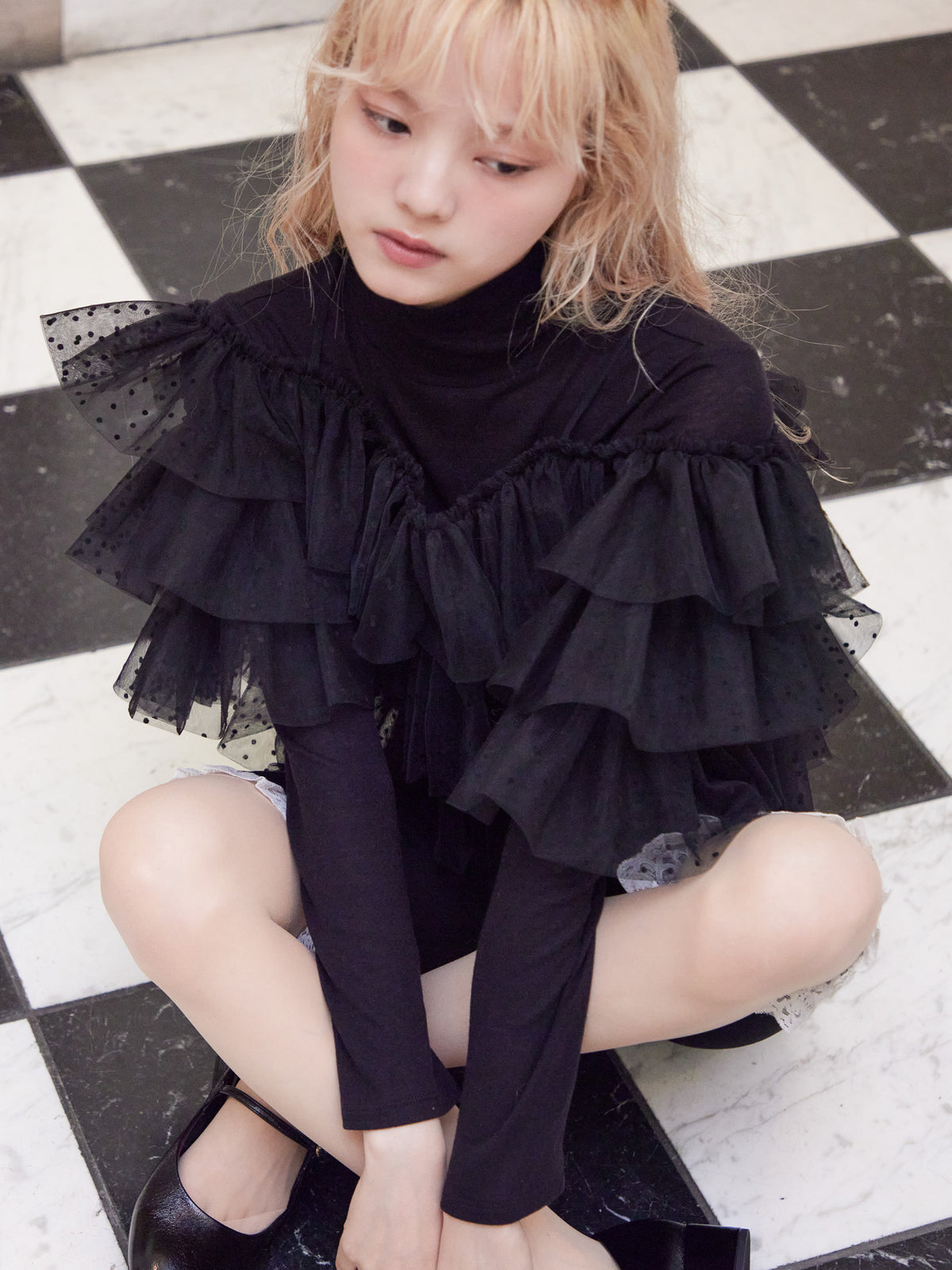 Dot tulle ruffle & knit top set