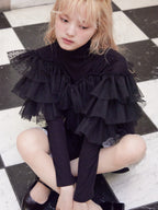 Dot tulle ruffle & knit top set ブラック size:M model:163cm MINAMI