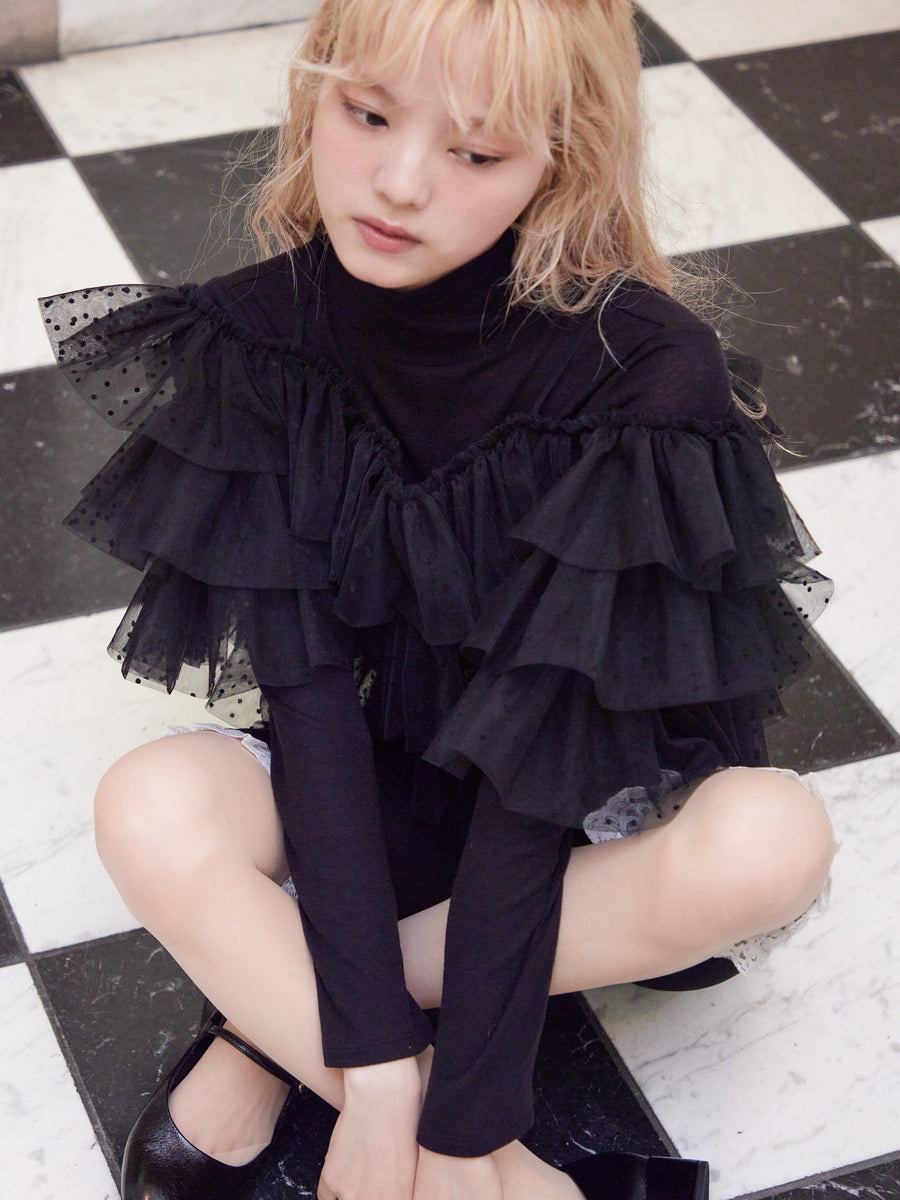 Dot tulle ruffle & knit top set