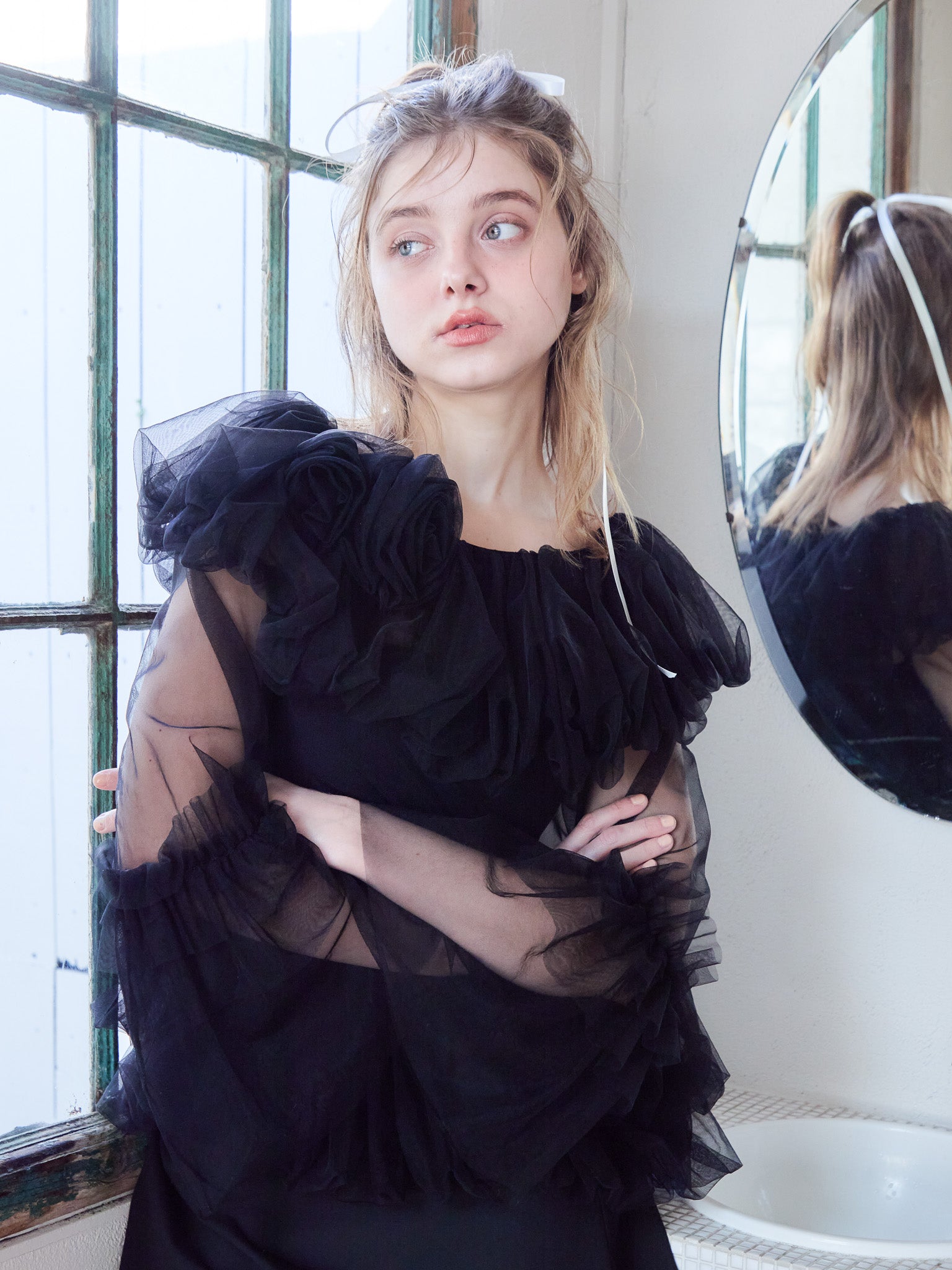 Rose tulle off shoulder blouse ブラック size:M model:174cm KATERYNA