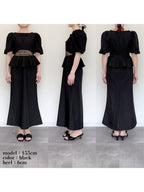 Sheer embroidered puff sleeve dress ブラック