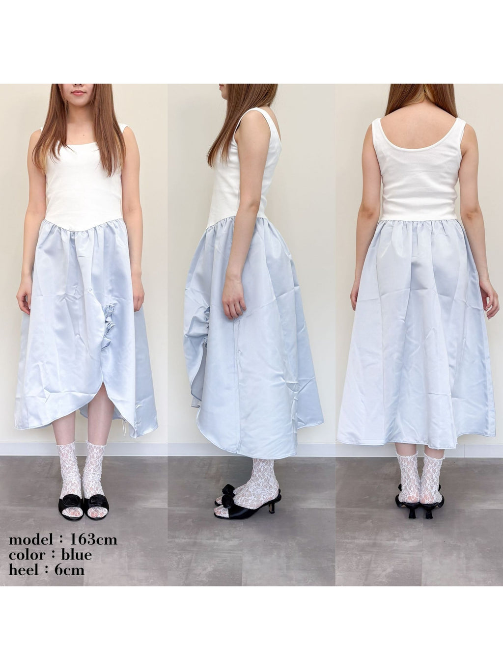 Rose satin docking rib dress ブルー
