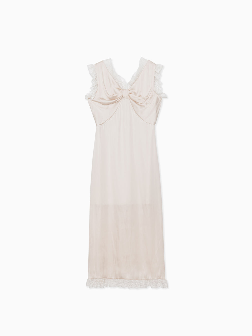 Lace trim satin ribbon dress ピンクベージュ