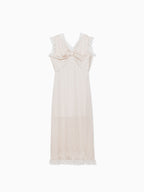 Lace trim satin ribbon dress ピンクベージュ