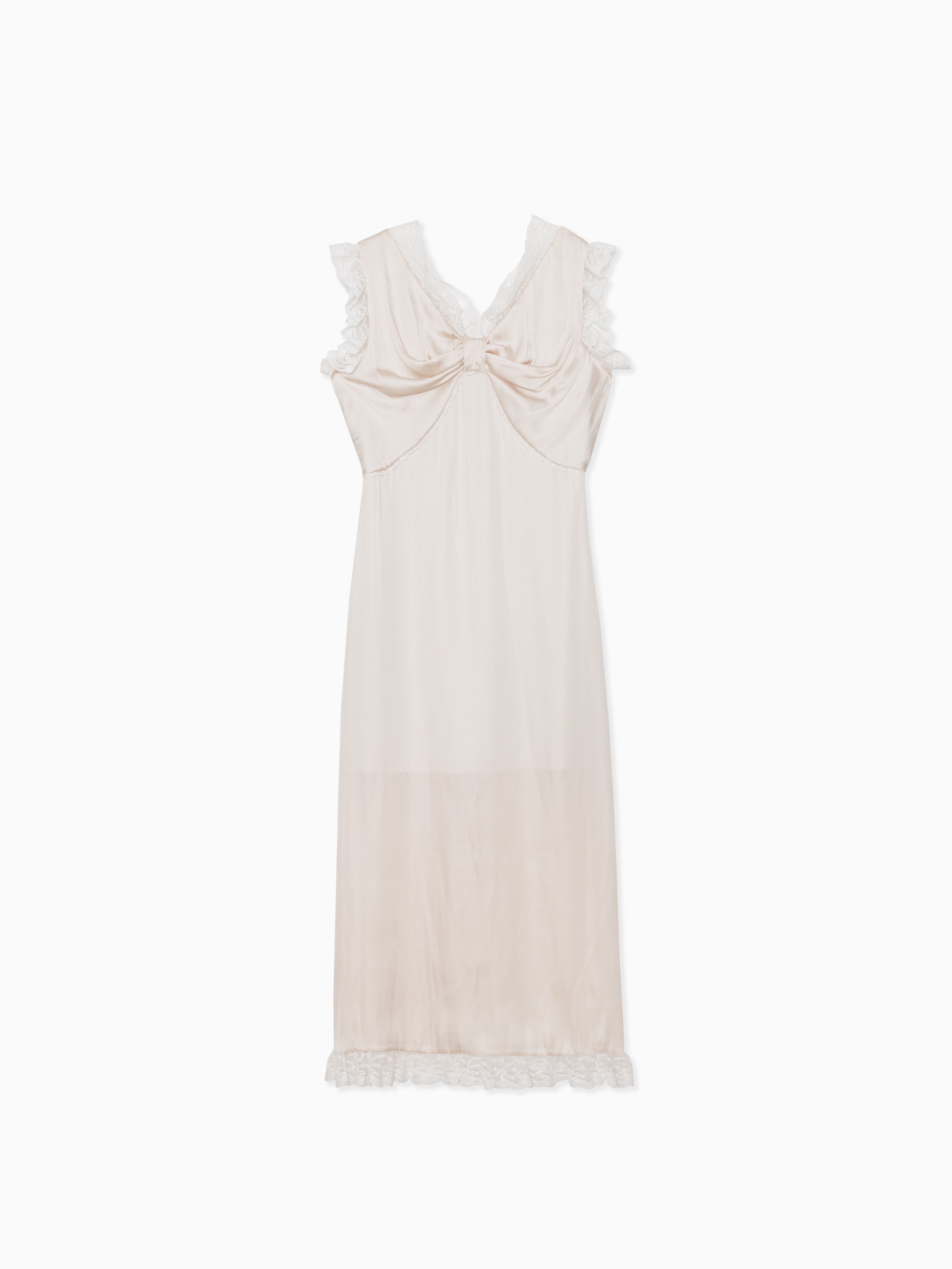 Lace trim satin ribbon dress ピンクベージュ