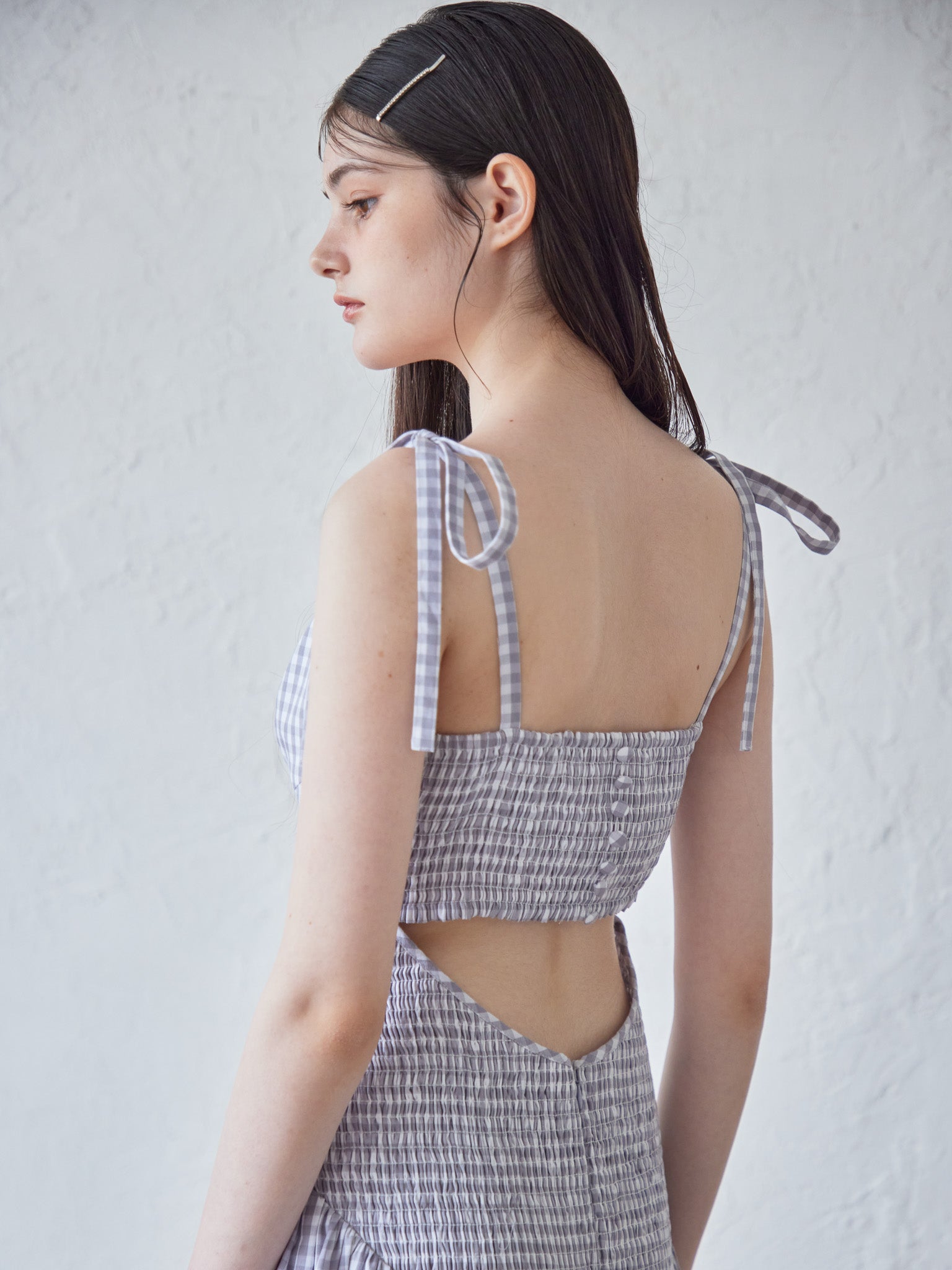 Gingham check back open dress ライトグレー size:M model:170cm ALICE