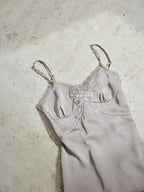 Ribbon embroidered satin cami dress ピンクベージュ