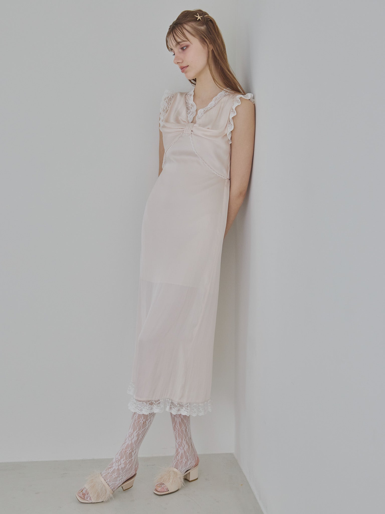 Lace trim satin ribbon dress ピンクベージュ size:M model:175cm MARTA
