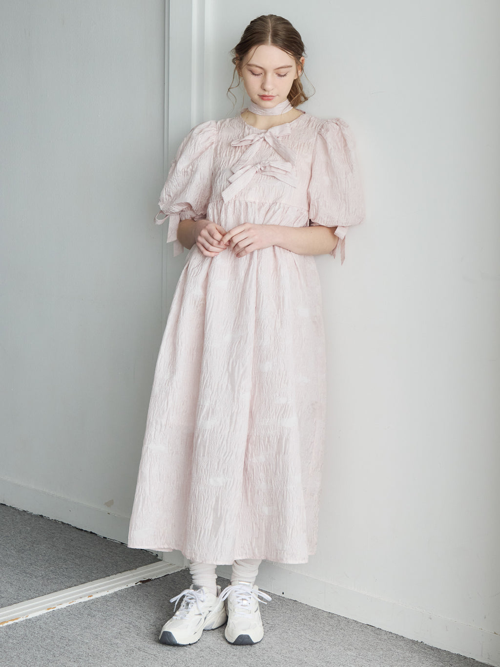 Ribbon jaquard volume dress ピンク size:M model:171cm ANIUTA