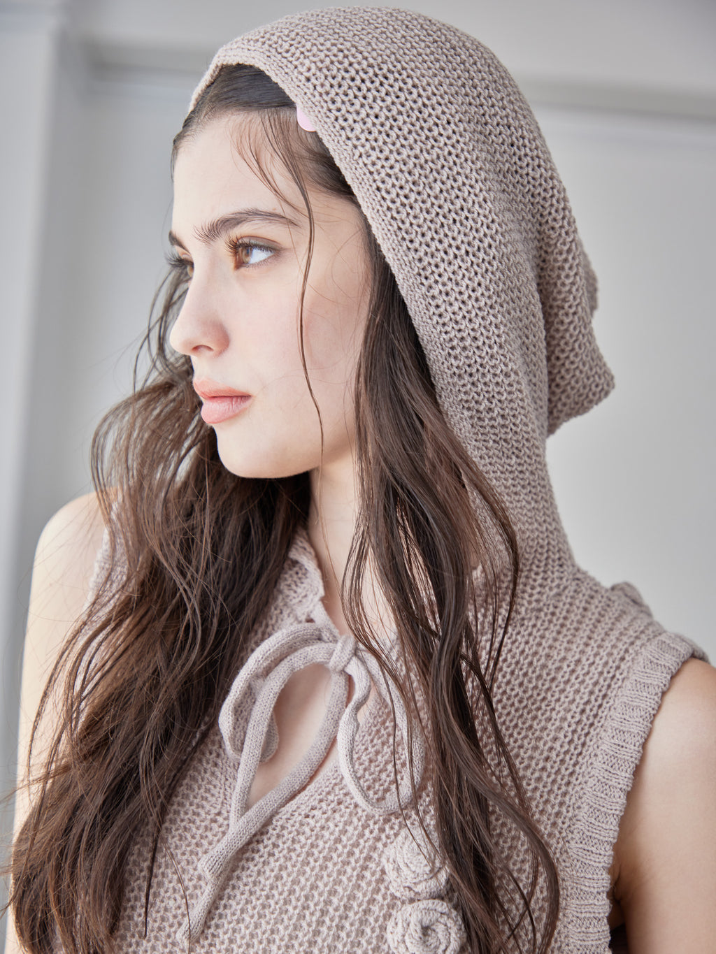 Rose knit hoodie dress モカ size:M model:172cm GINEVRA
