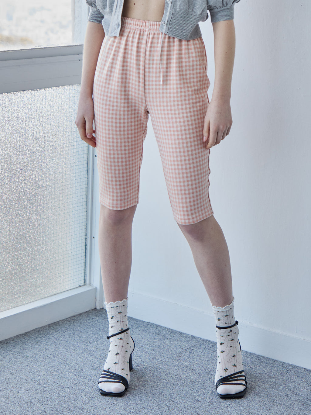 Gingham check sabrina stretch pants ピンク size:M model:171cm ANIUTA