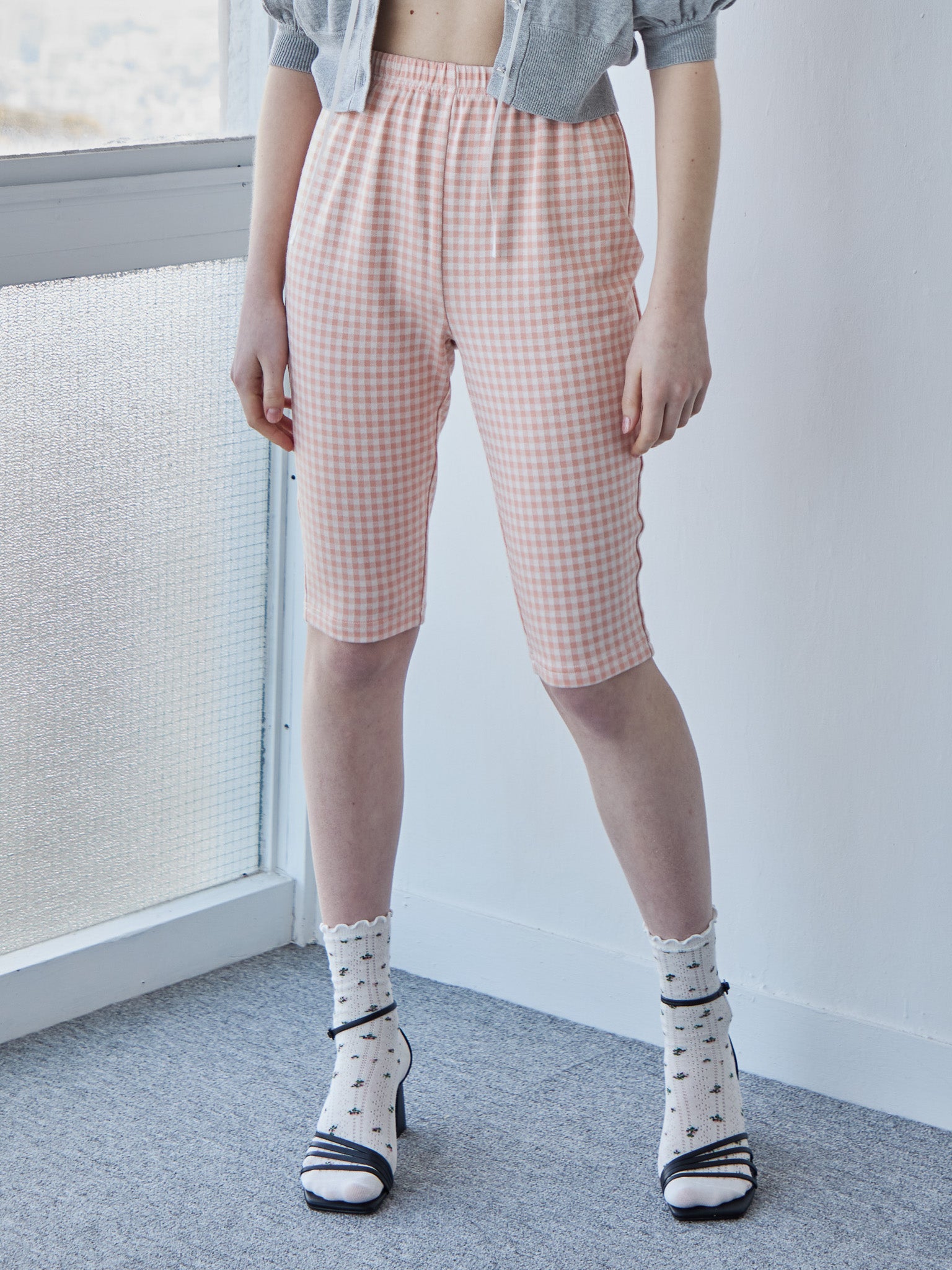 Gingham check sabrina stretch pants ピンク size:M model:171cm ANIUTA