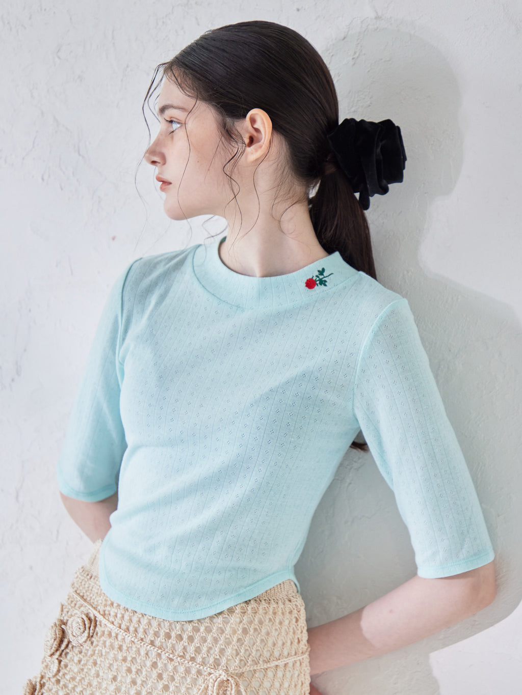 Rose embroidery eyelet short top ミント size:M model:170cm ALICE