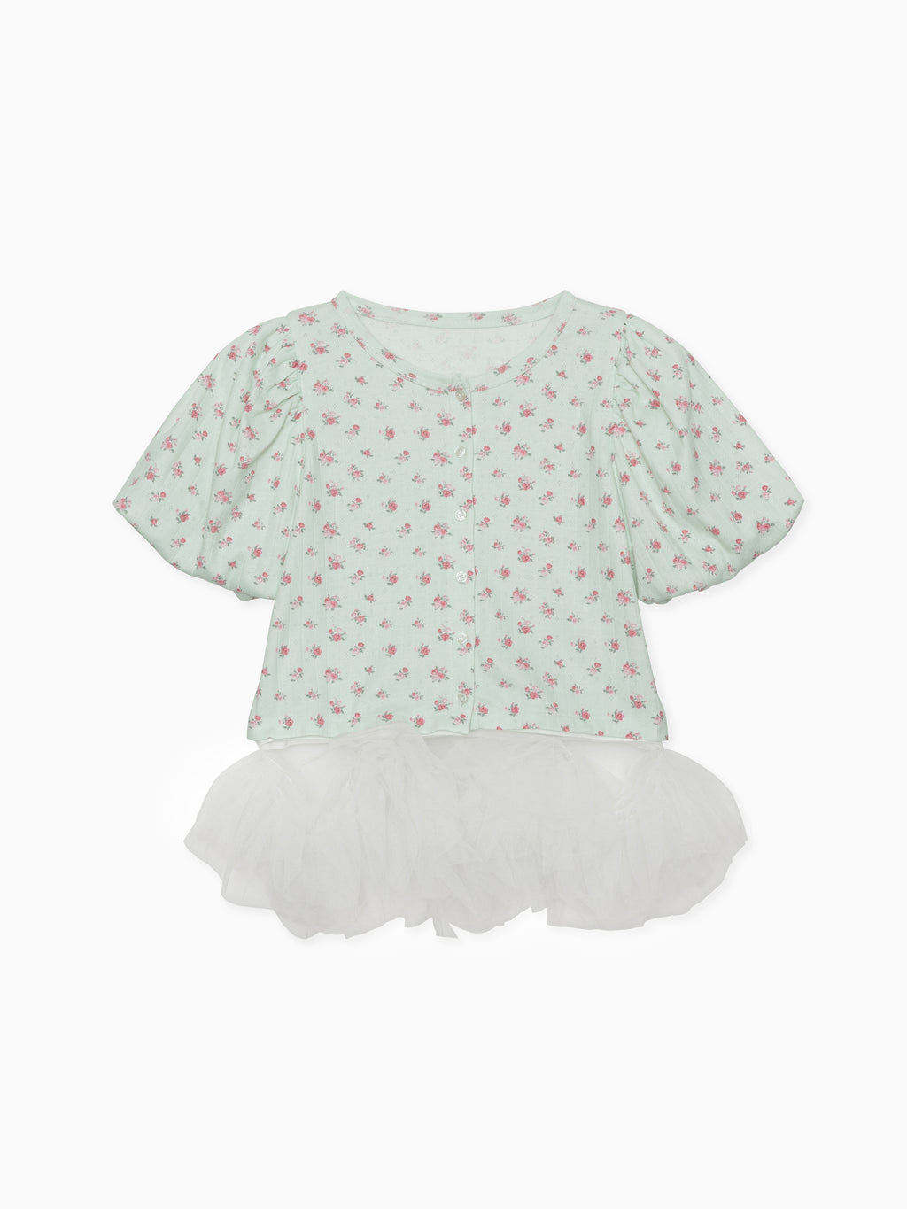 Tulle hem small floral print cardigan ミント