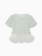 Tulle hem small floral print cardigan ミント