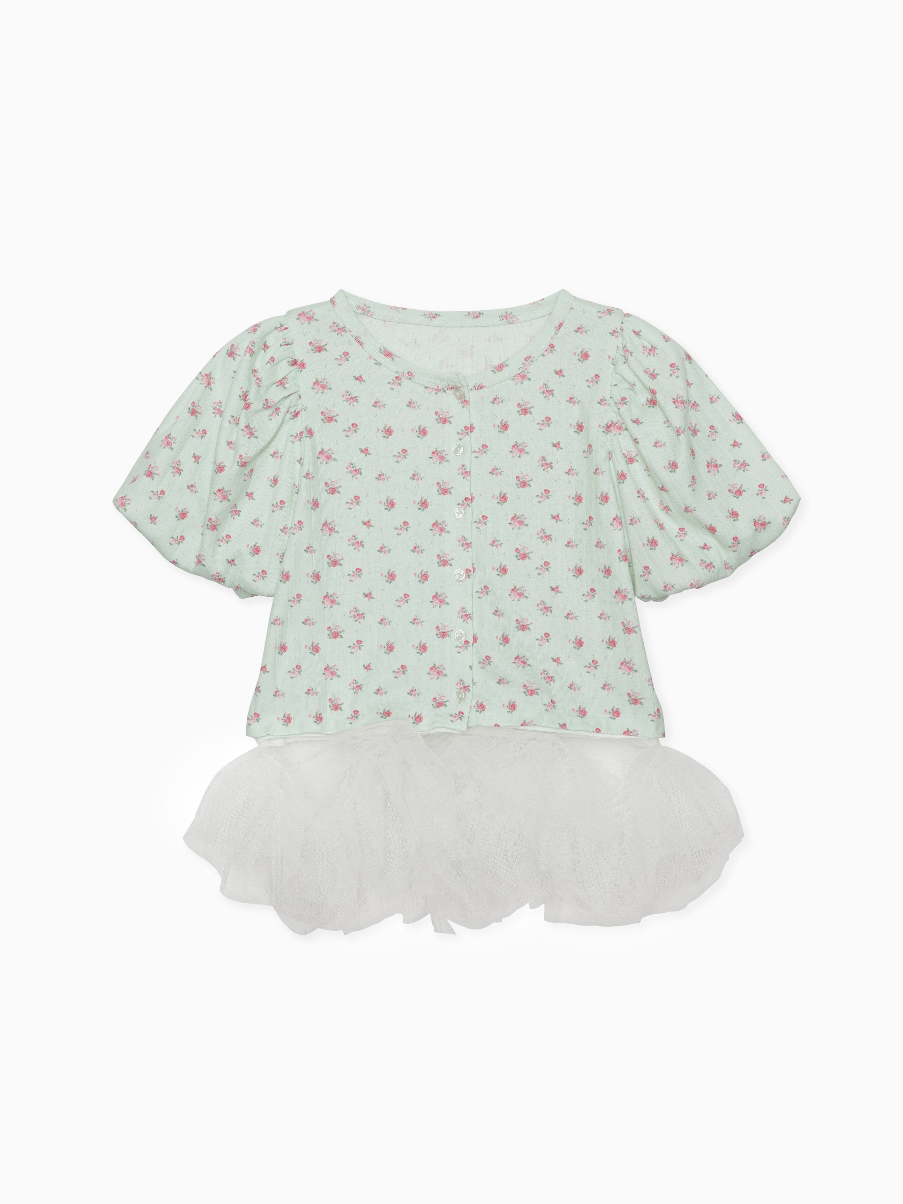 Tulle hem small floral print cardigan ミント