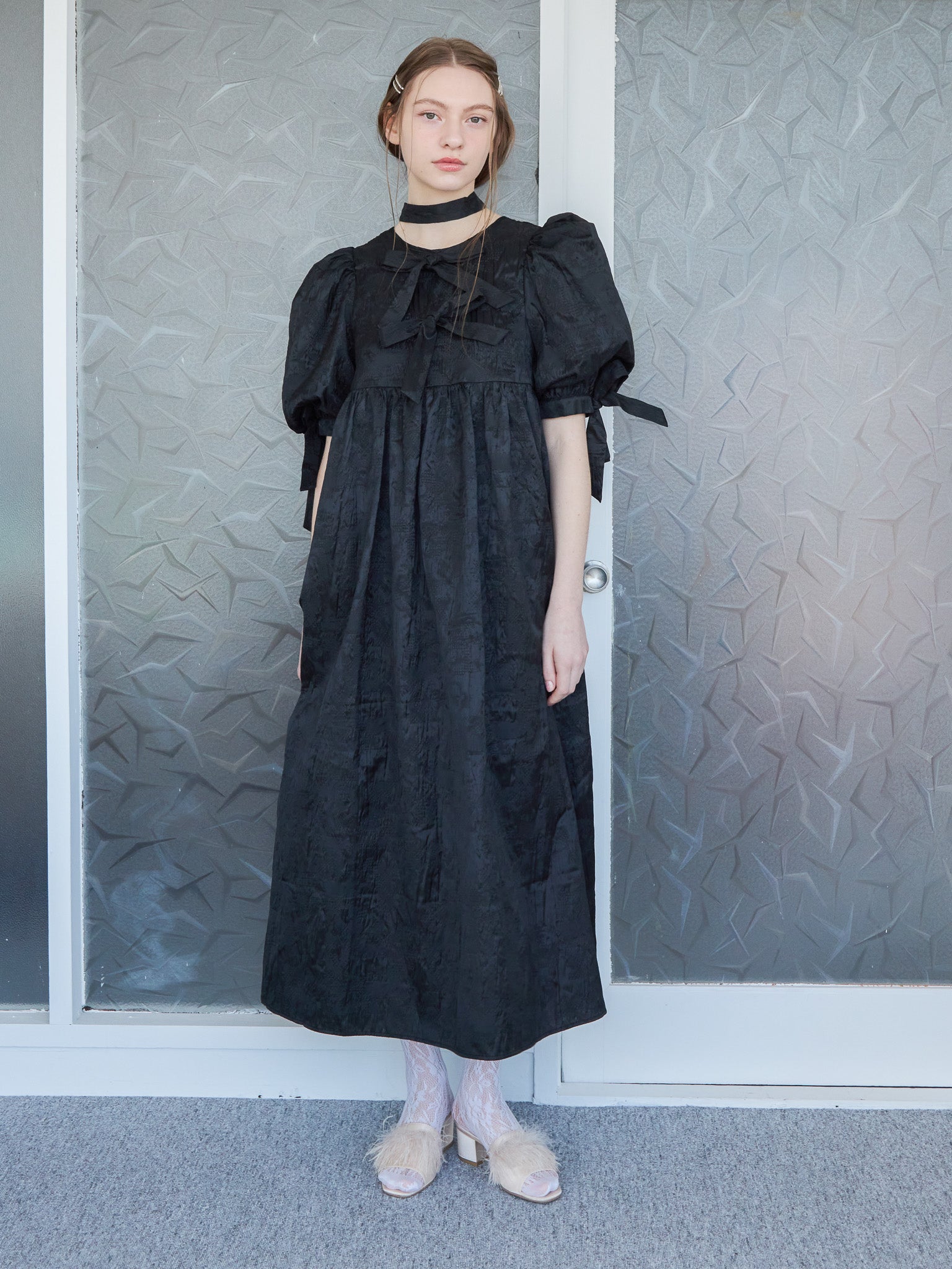 Ribbon jaquard volume dress ブラック size:M model:171cm ANIUTA