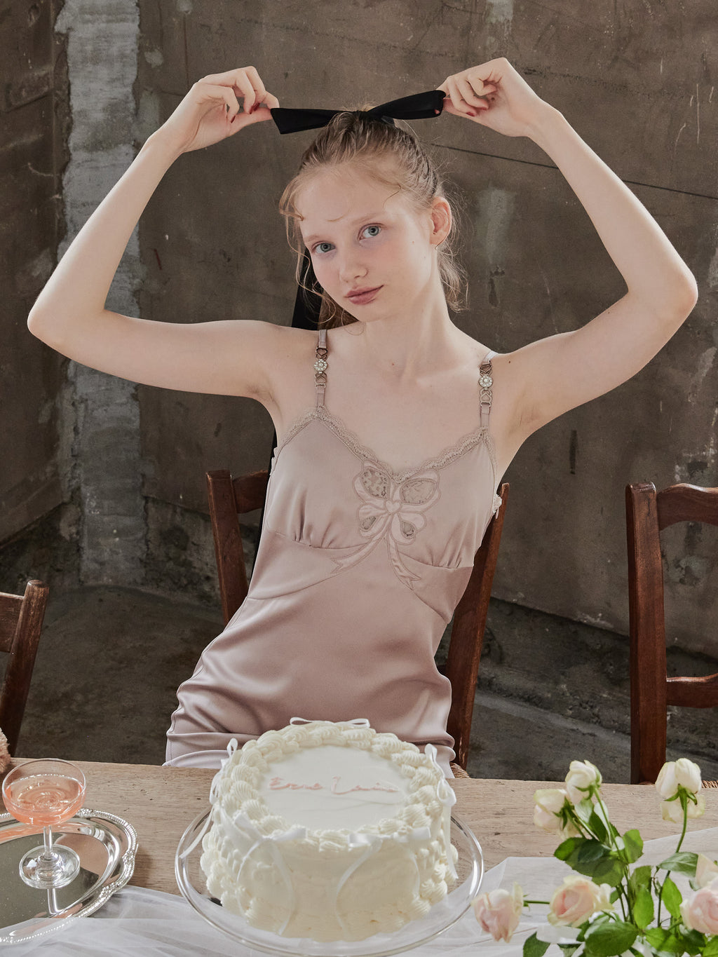Ribbon embroidered satin cami dress ピンクベージュ size:M model:173cm DASHA.G