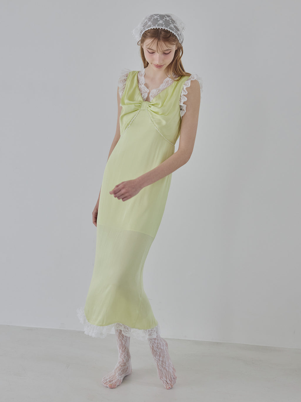 Lace trim satin ribbon dress ライム size:M model:175cm MARTA