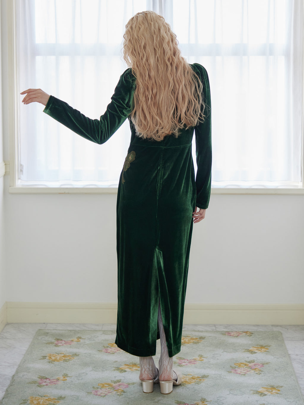 Ribbon embroidered velour dress & tippet グリーン size:M model:163cm MINAMI