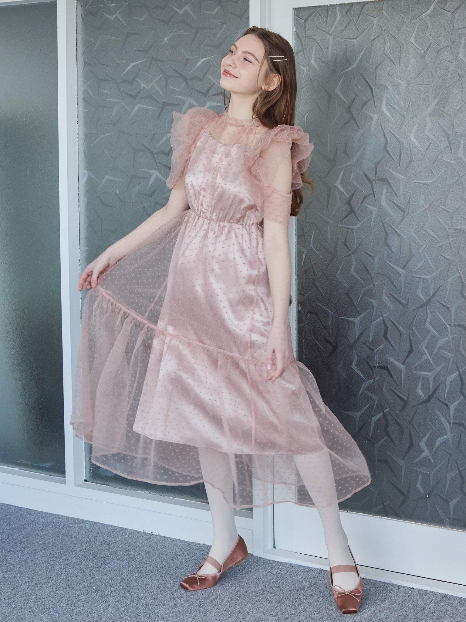 Dot organdy dress ピンクベージュ size:M model:171cm ANIUTA