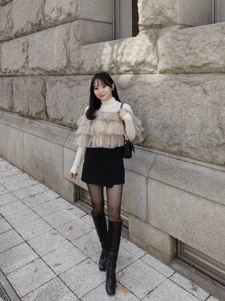 Dot tulle ruffle & knit top set ベージュ