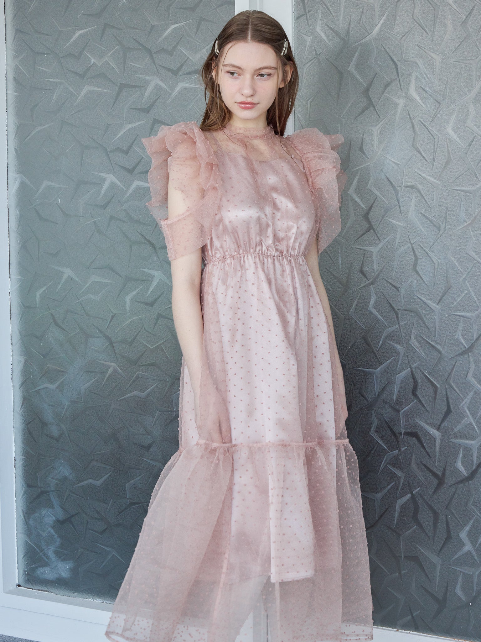 Dot organdy dress ピンクベージュ size:M model:171cm ANIUTA