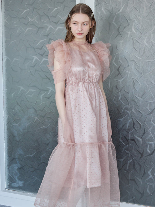 Dot organdy dress ピンクベージュ size:M model:171cm ANIUTA