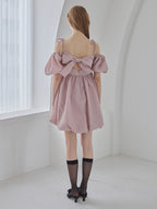 Back ribbon embossed volume mini dress ピンクベージュ size:M model:175cm MARTA