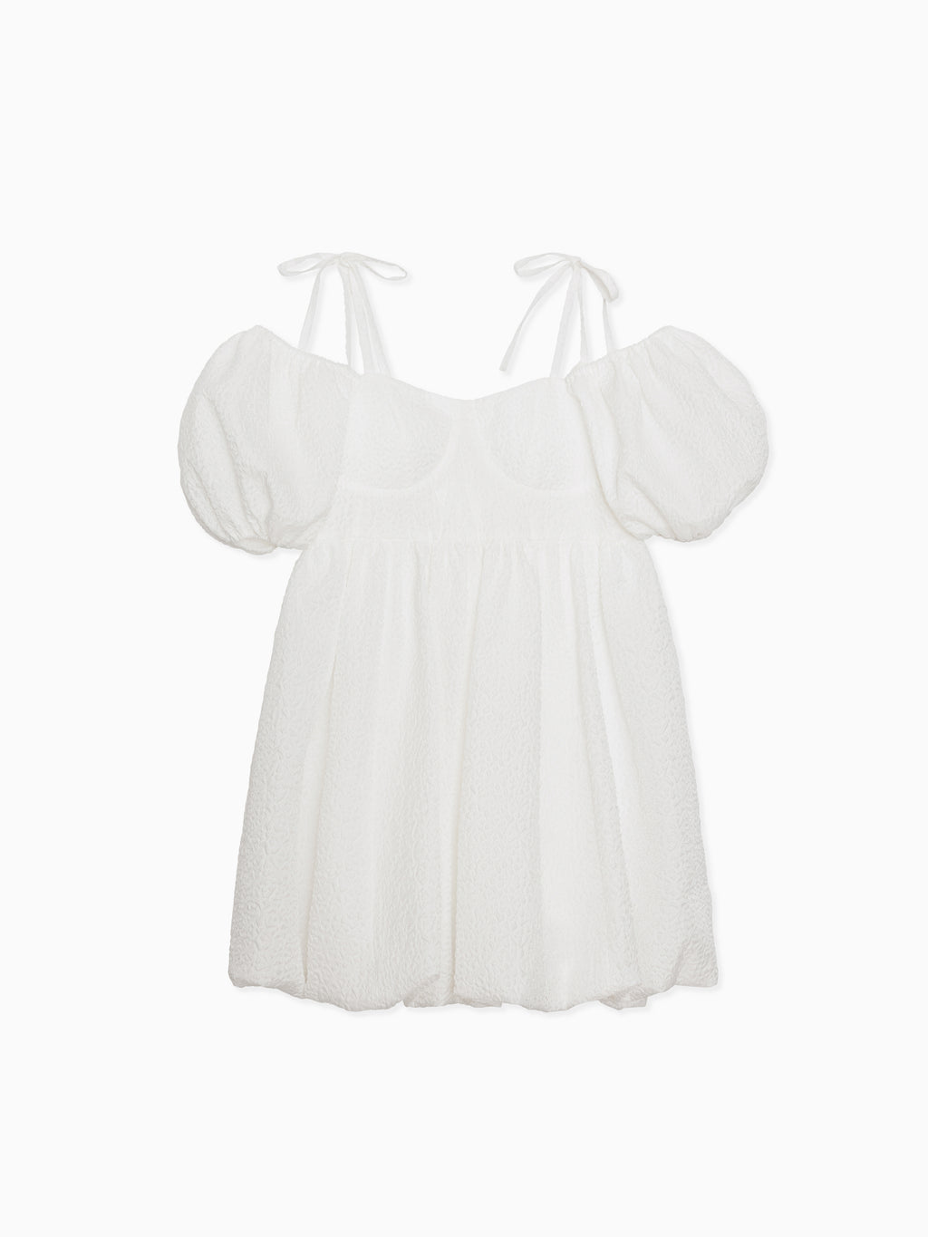 Back ribbon embossed volume mini dress ホワイト