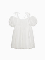 Back ribbon embossed volume mini dress ホワイト