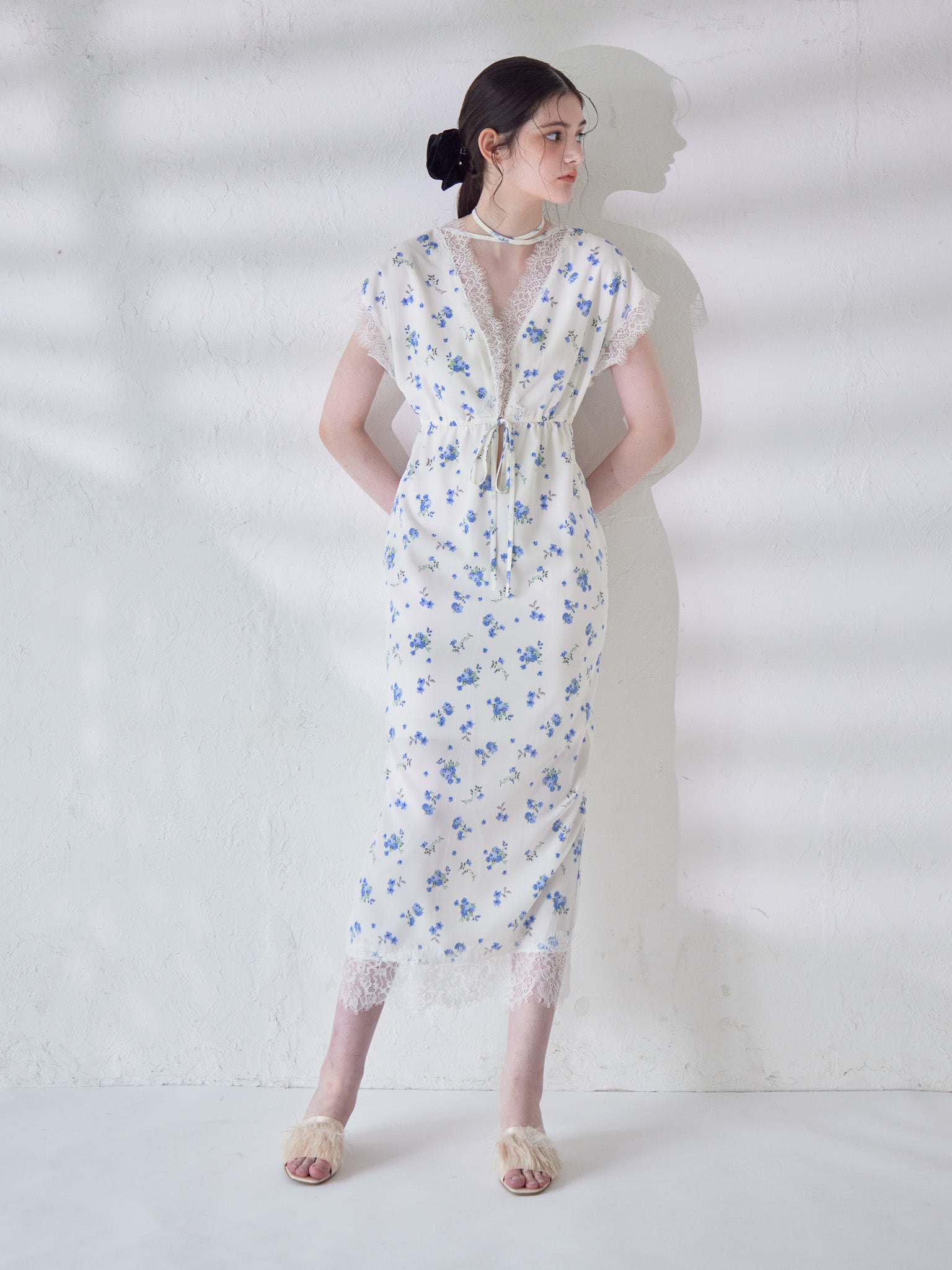 Lace trimming flower dress ブルー size:M model:170cm ALICE