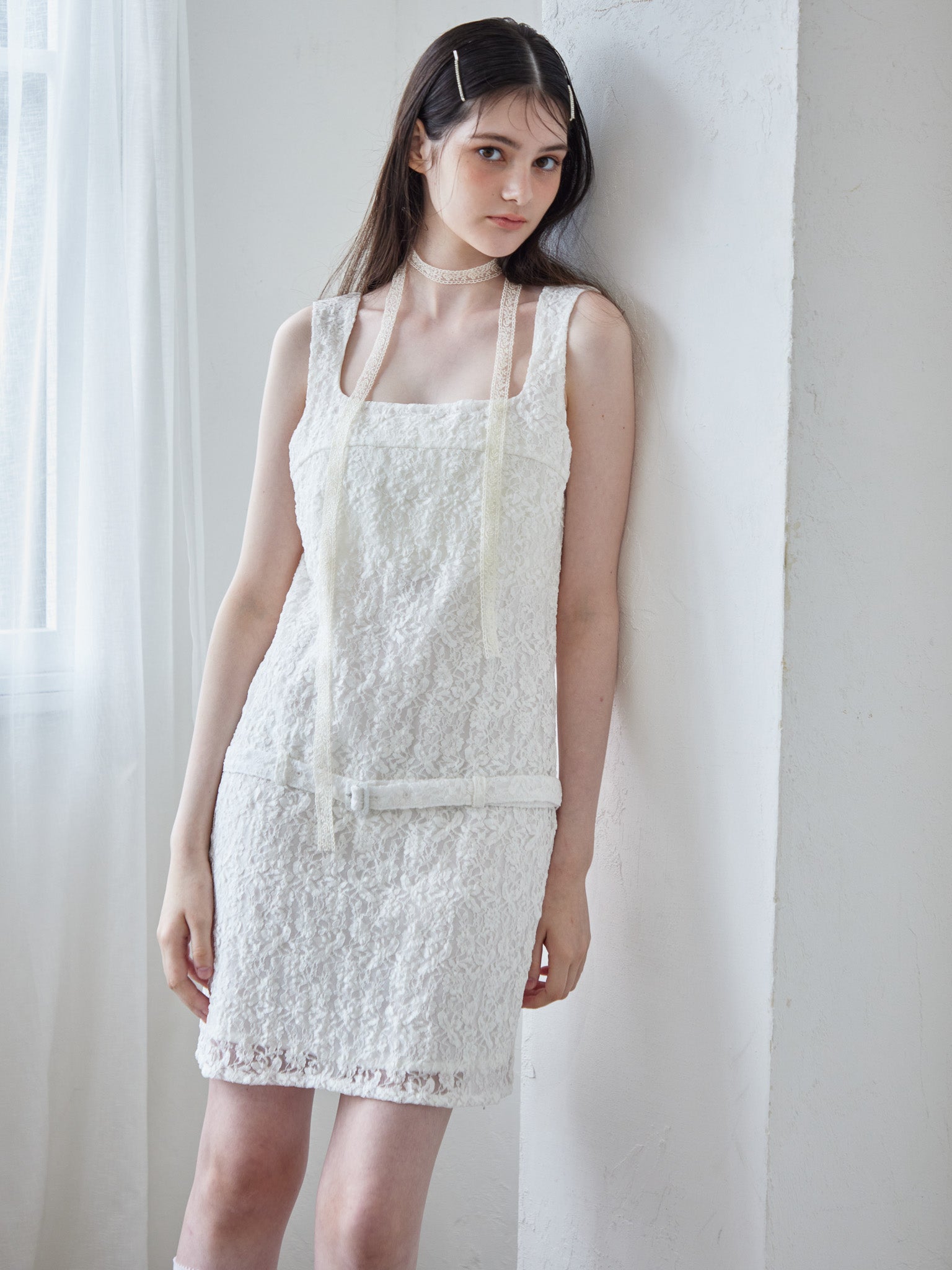 Low belt lace mini dress ホワイト size:M model:170cm ALICE