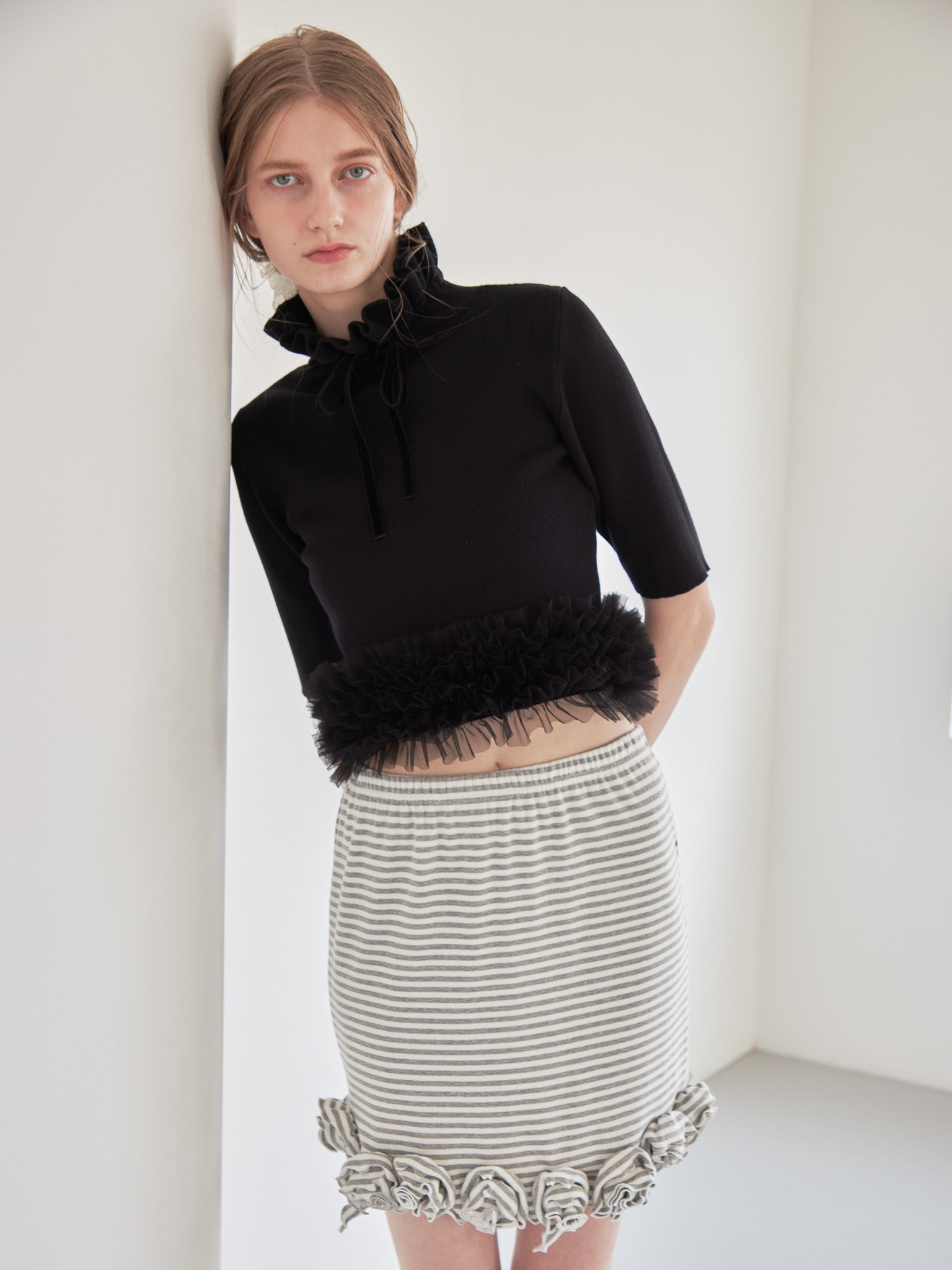 Hem tulle rib knit ブラック size:M model:174cm LERA