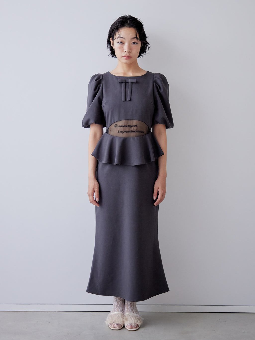 Sheer embroidered puff sleeve dress グレー size:M model:161cm 富樫かなえ