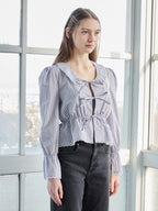 Front ribbon blouse グレー size:M model:171cm ANIUTA