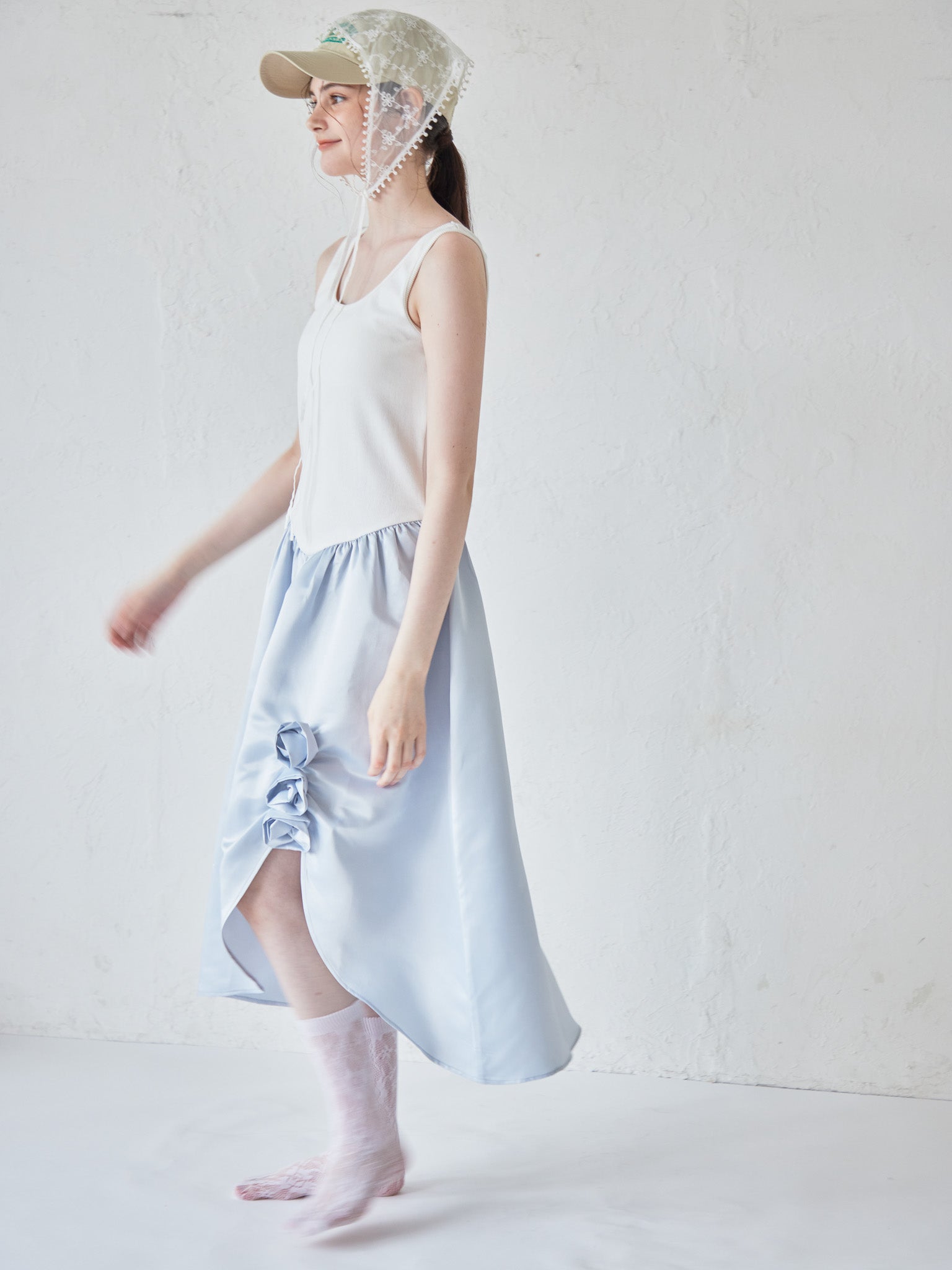 Rose satin docking rib dress ブルー size:M model:170cm ALICE