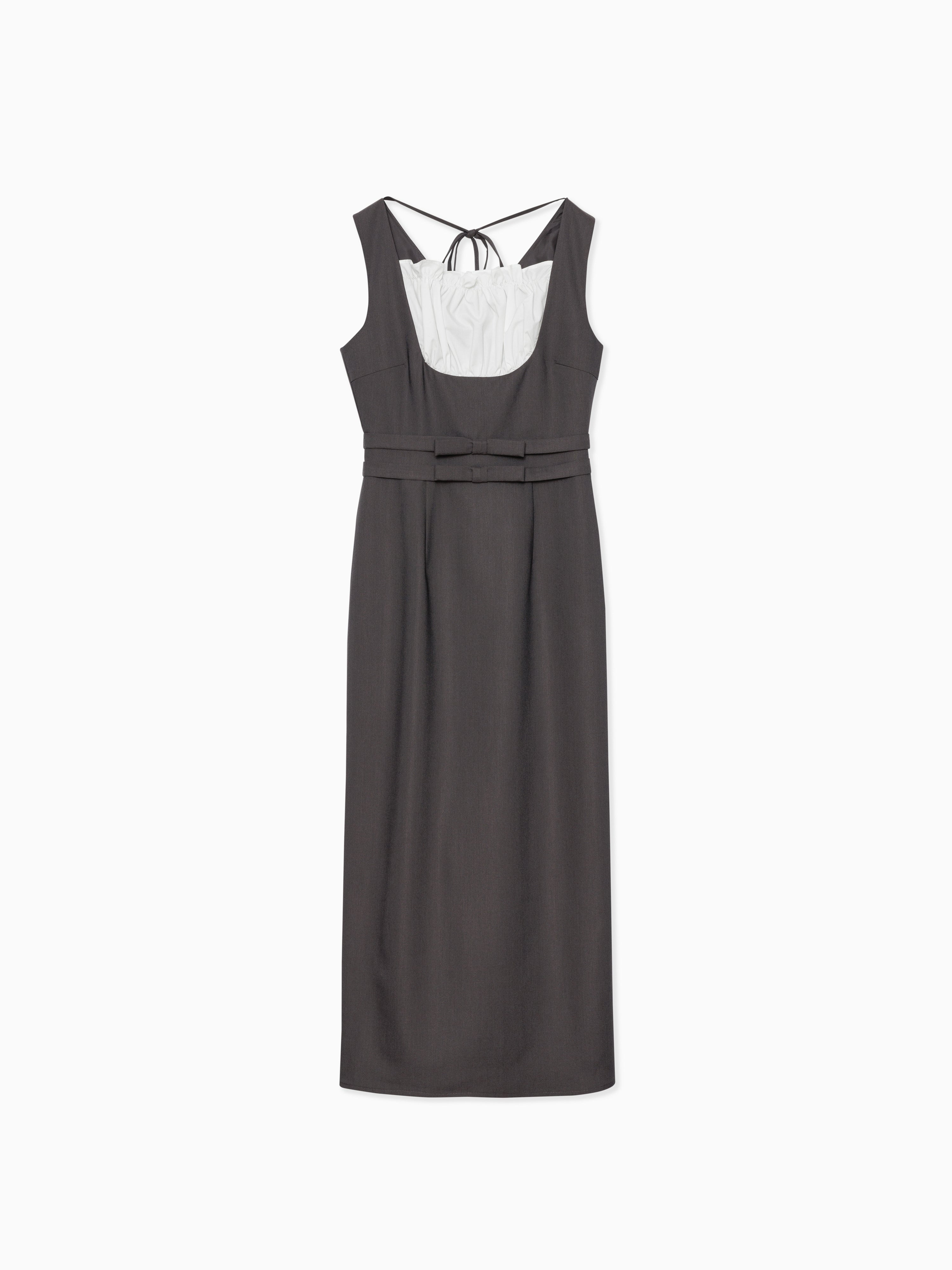 Ribbon waist dress グレー