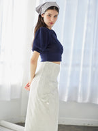 Ribbon embroidered lace tight skirt ホワイト