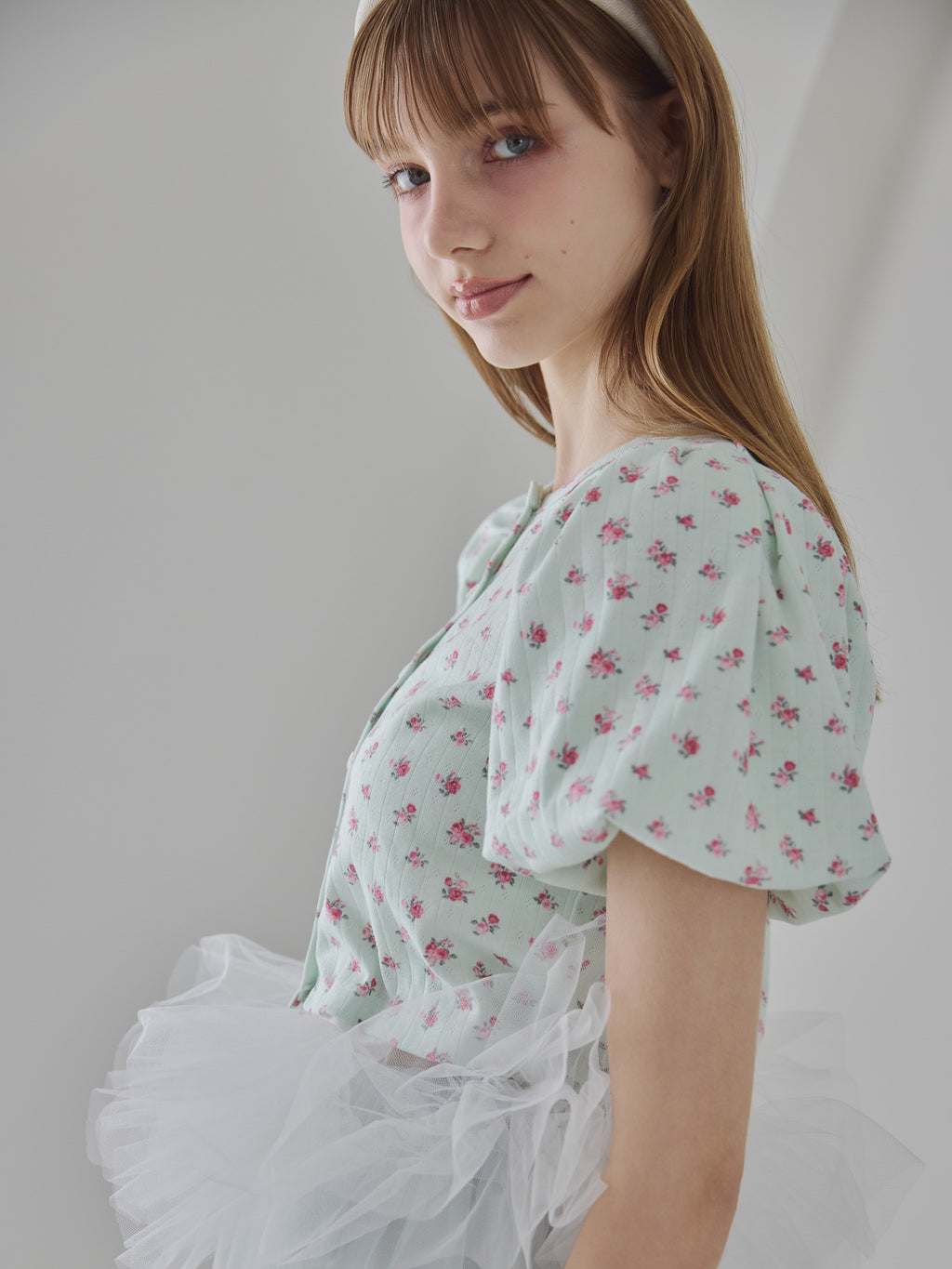 Tulle hem small floral print cardigan ミント size:M model:175cm MARTA