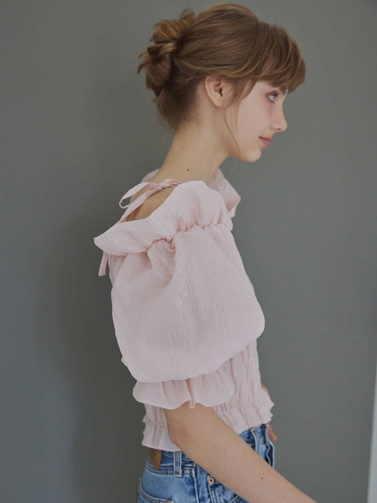 Sheer jacquard off shoulder blouse ピンク size:M model:175cm MARTA