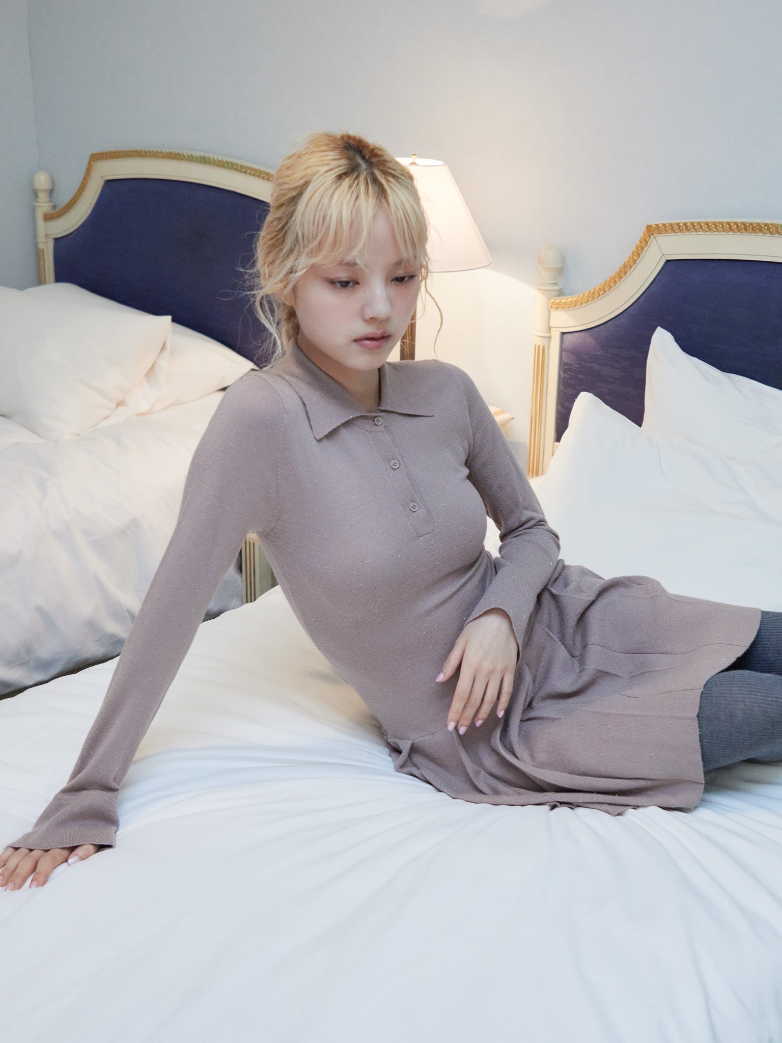 Low waist pleated glitter knit dress モカ size:M model:163cm MINAMI