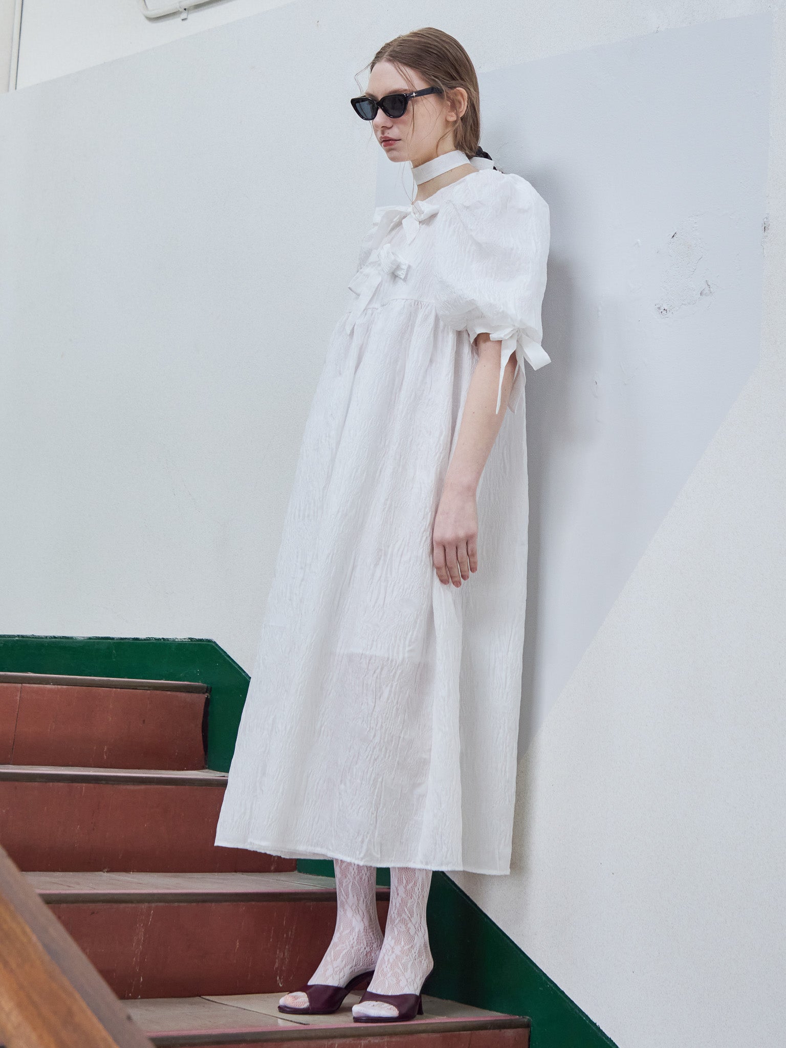 Ribbon jaquard volume dress ホワイト size:M model:171cm ANIUTA