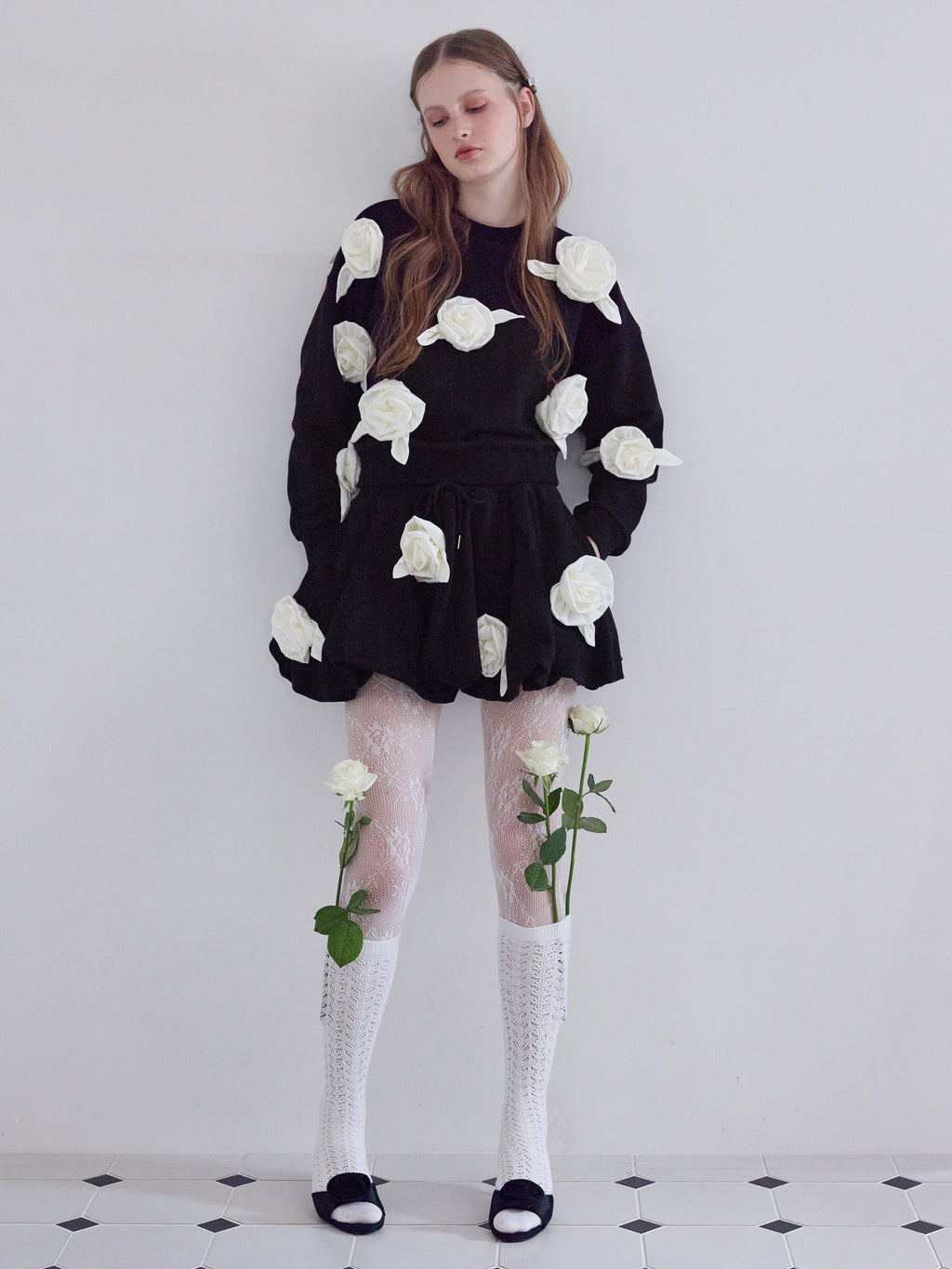 Many rose sweat balloon skirt ブラック size:M model:173cm ALINA