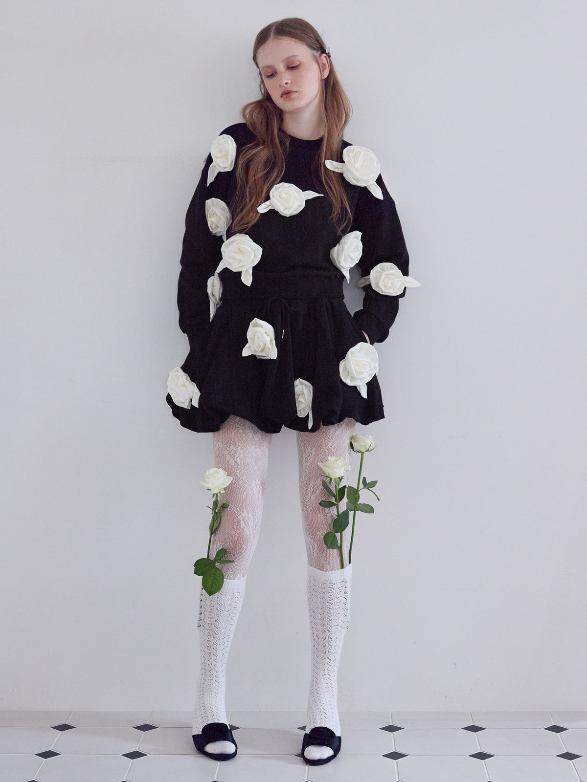 Many rose sweat balloon skirt ブラック size:M model:173cm ALINA