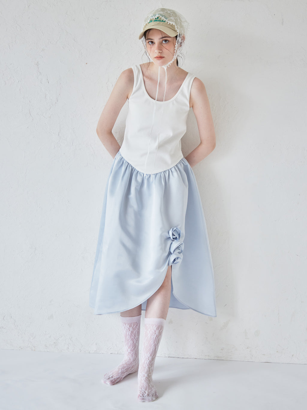Rose satin docking rib dress ブルー size:M model:170cm ALICE